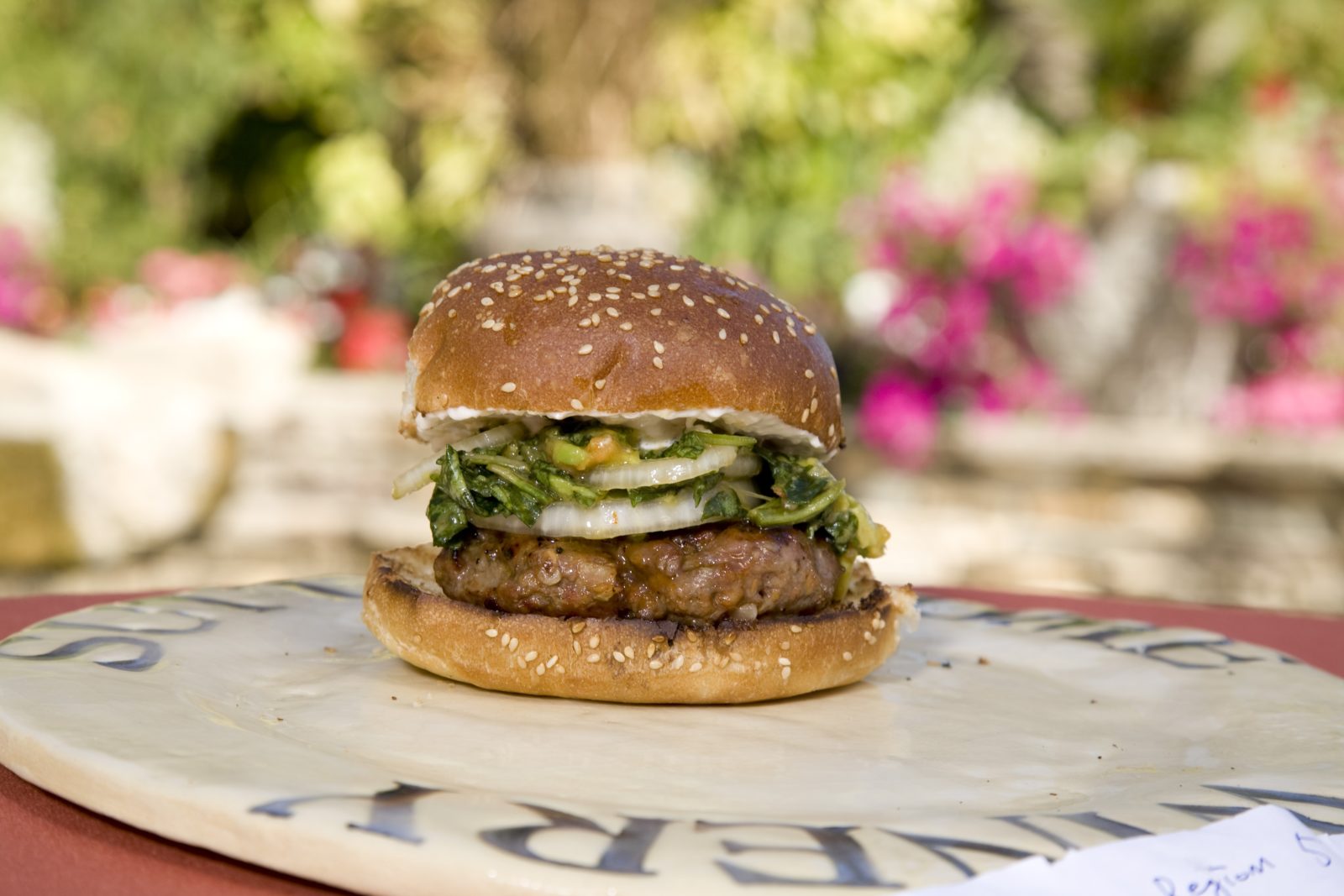 Hawaii Da Kine Burgers with Sweet-Chili Glaze, Ginger-Goat Cheese Spread, and Hot Watercress Salad