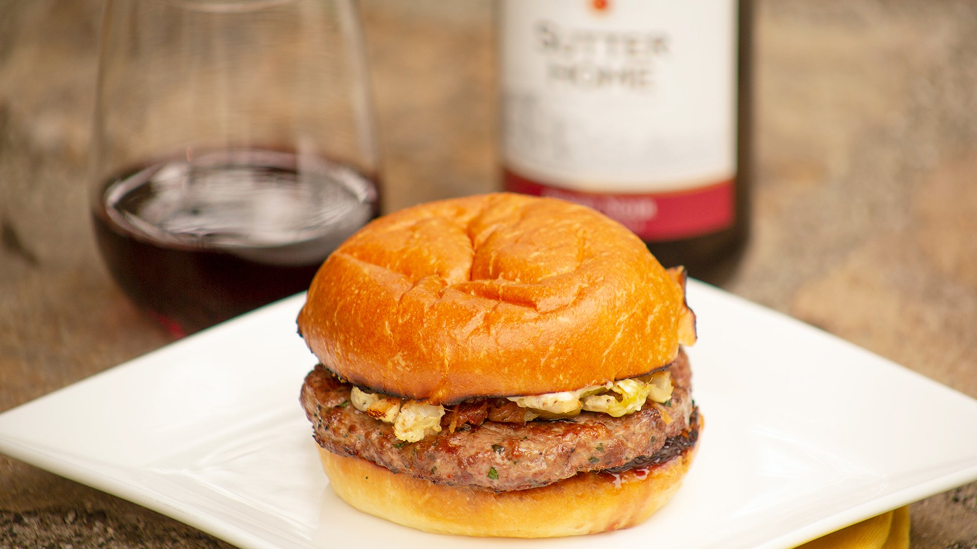 Lucky Duck Burgers With Pinot Noir Jam, Charred Brussel Sprouts Slaw & Citrus Aioli