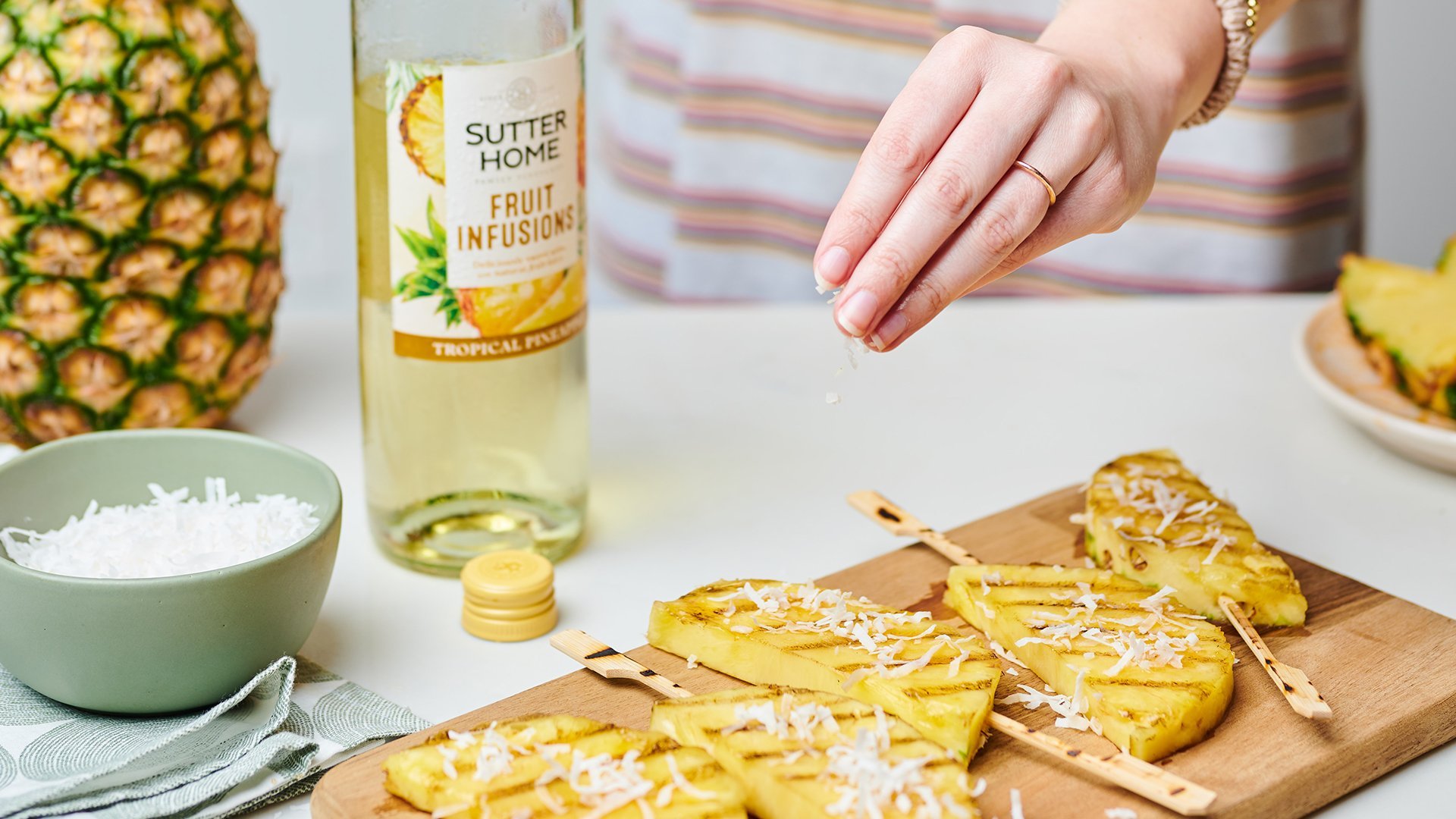 Escape to the Tropics with our Sutter Home Tropical Pineapple Fruit Infusions Paired with Grilled Pineapple Skewers